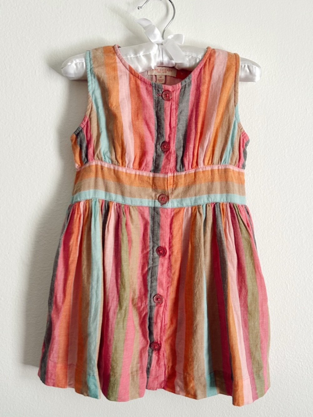 Girls Pink Chicken Multicolor Striped Cotton Dress